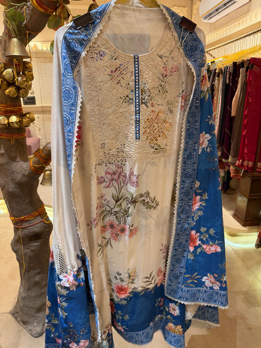 Crochet neck pure muslin suit set with crochet net dupatta