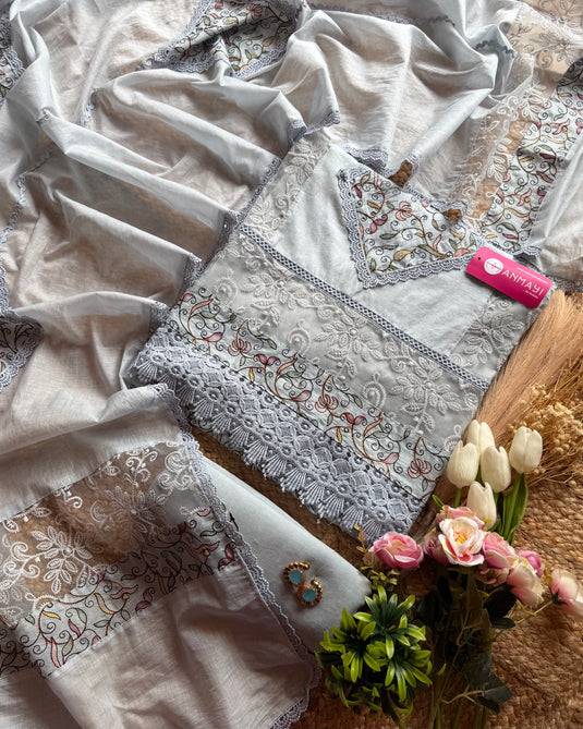 Rhombus embroidered patch Mul Chanderi suit set