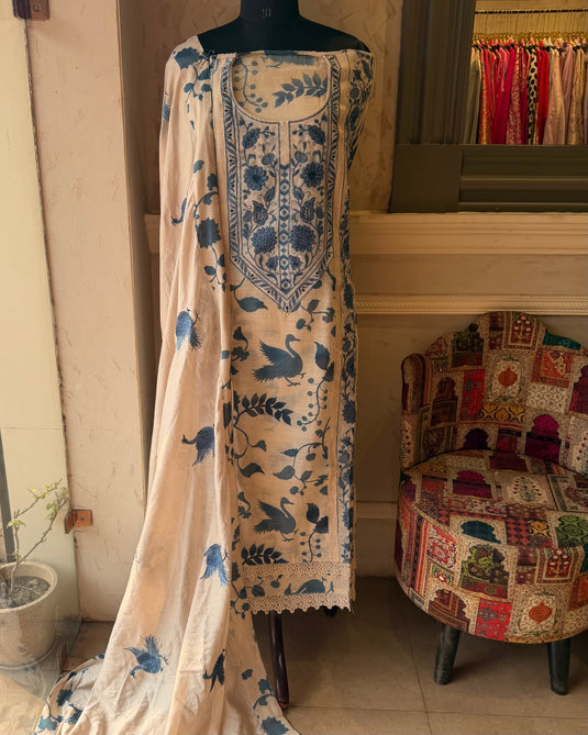 Shimmer linen flamingo indigo cream suit set with shantoon bottom
