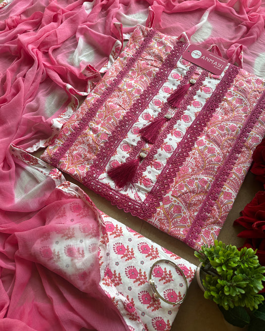 Cambric cotton printed tassel neck print white combination suit set