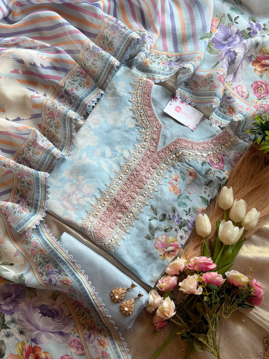 Pastel pure organza garden print suit set