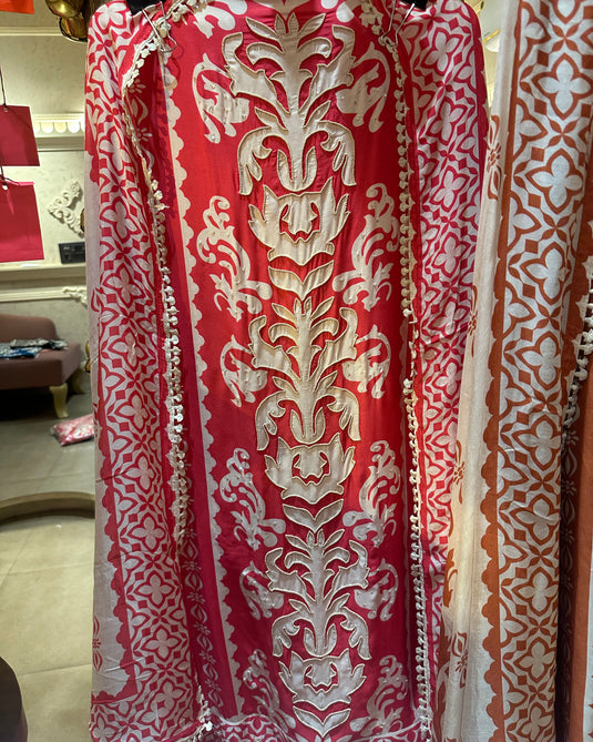 Pure muslin panel print suit with pearl details