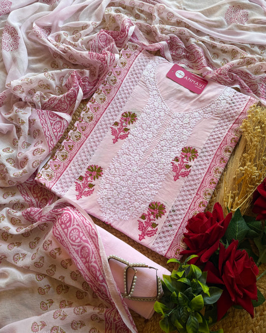 Block print embroidery neck suits with pure chiffon dupatta
