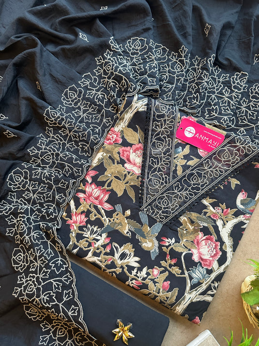 Organza patched printed cotton suit set with cotton silk embroidered dupatta