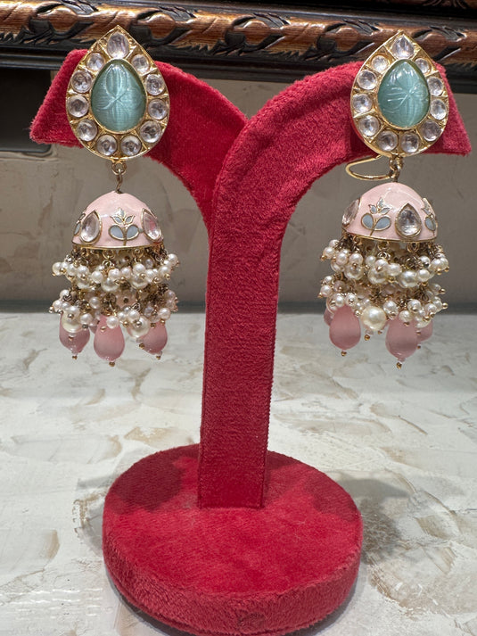 Pink pearl drop jhumka