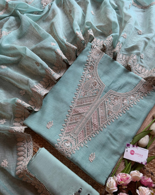 Dori weave pakistani neck pure mul cotton suit set