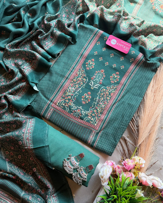 Printed neck highlight soft pashmina suit set