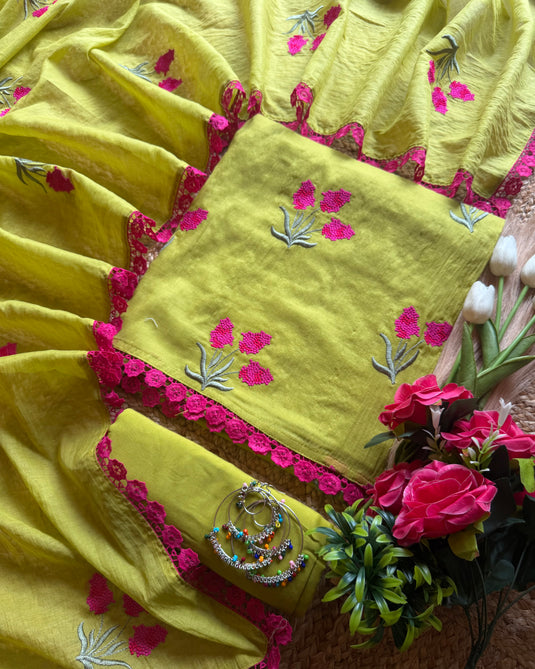 Raspberry french knots soft Mul Chanderi suit set