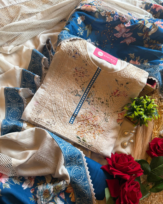 Crochet neck pure muslin suit set with crochet net dupatta