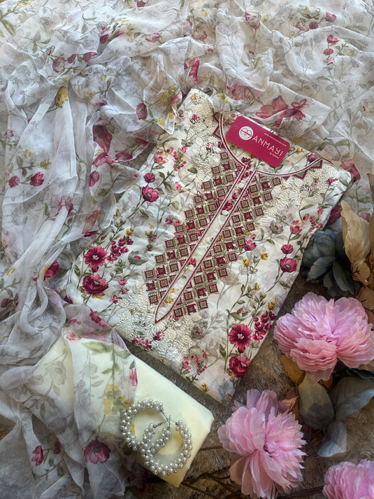 Red floral garden cambric cotton suit with chiffon printed dupatta