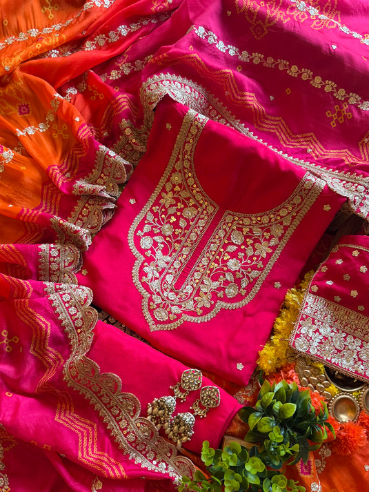 Dori neck pure Dolla silk suit set with Dori work Bandhani print dupatta and potli