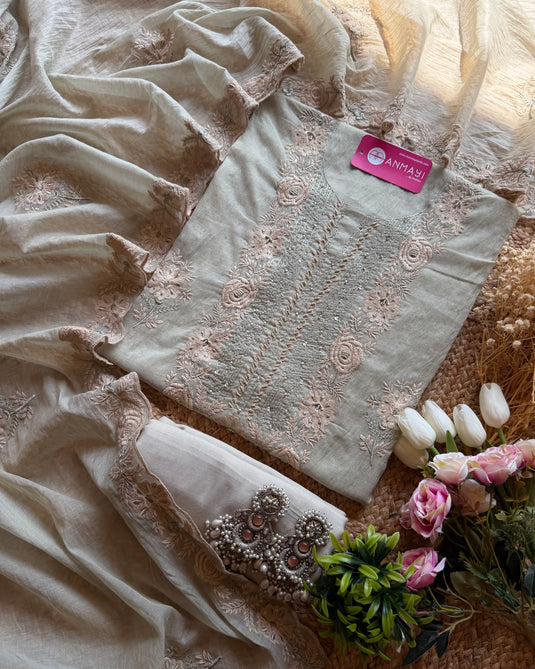 Pastel Mul Chanderi white Dori machine work suit set