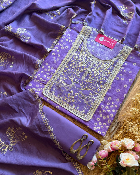 Gold Deer jaam cotton suit set with cotton silk dupatta