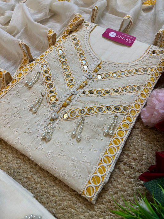 Hakooba cotton pearl and mirror detail cream cotton suit