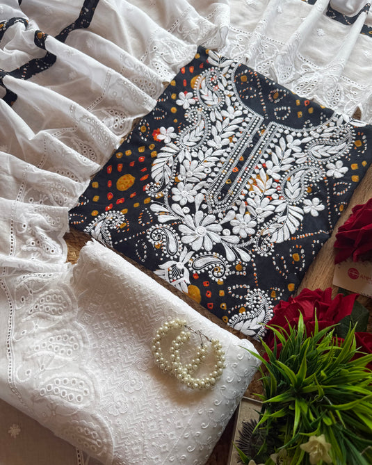 Bandhani print chikan neck pure cotton suit set