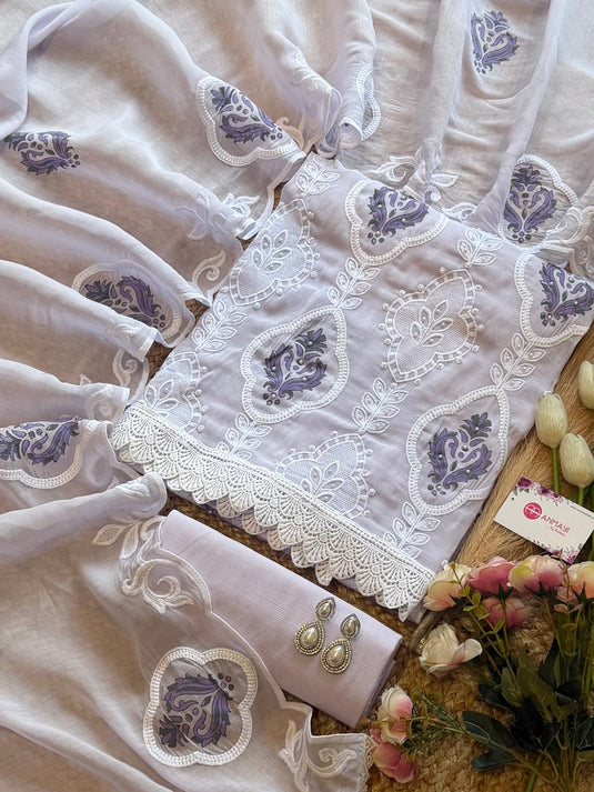 Embossed pearl work pastel Mul cotton suit set