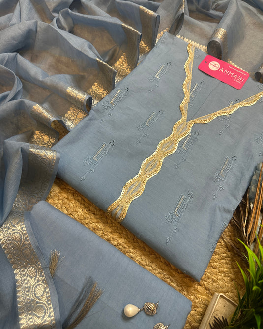 Bright hakooba Zari work cotton suits with mul Chanderi dupatta
