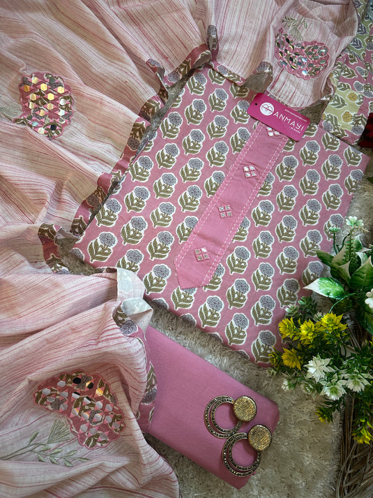 Block print Jaipuri fine cotton suit with paper mirror work