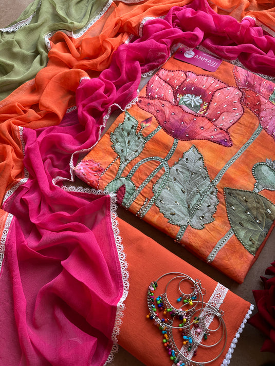 Bright festive printed cotton suit with highlights and tricolour dupatta