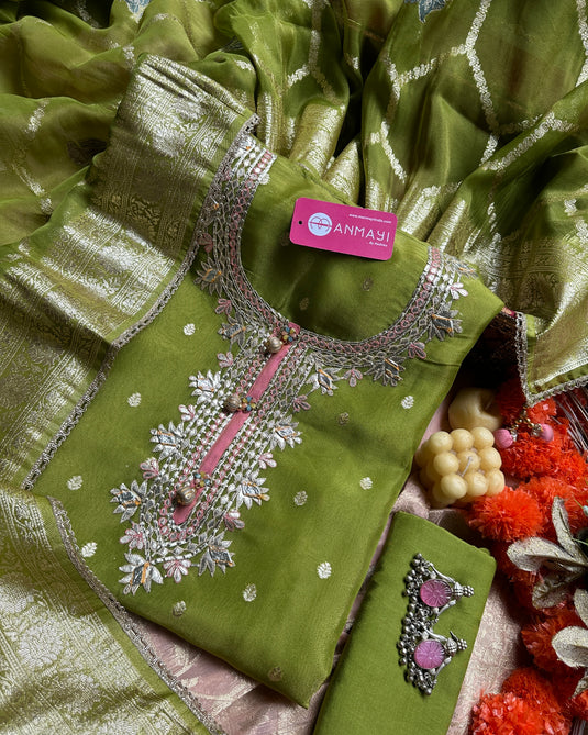 Gotta work pure tissue suit sets with Banarasi detailing