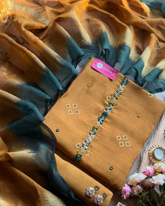 Jamdani combination gold weave french knot work cotton silk suit set