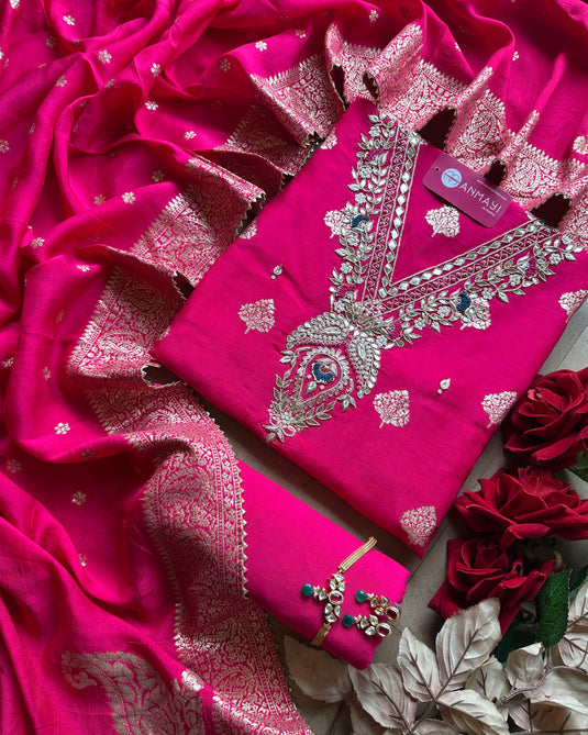 Pita work neck Banarasi dolla silk suit set