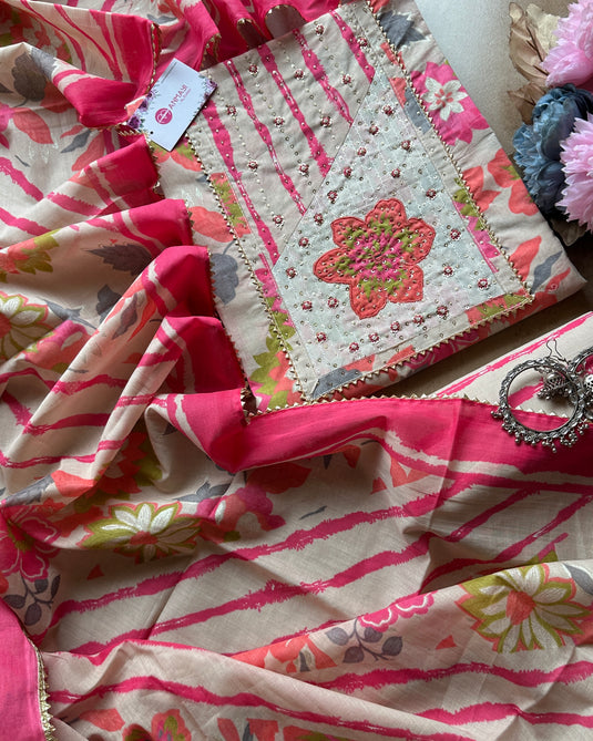 Embroidered yog neon pink pure cotton suit set