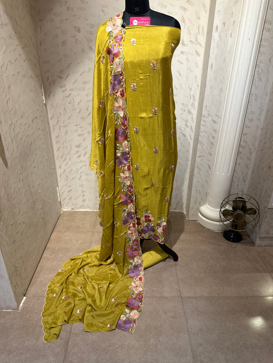 Floral affair soft muslin silk suit set with chinnon dupatta