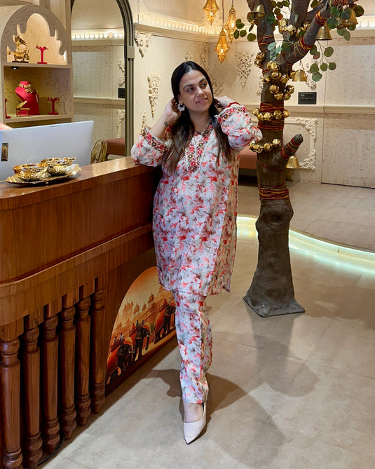 Floral linen coord set with embroidered Chinese v neck