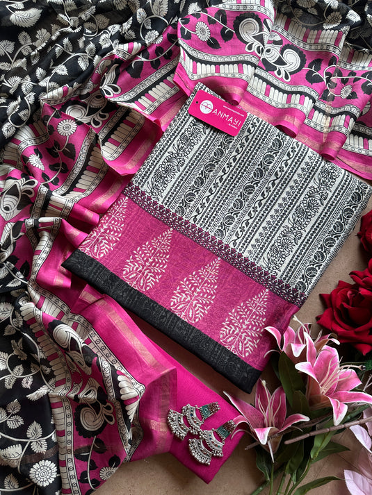 Abstract black and coloured pure Maheshwari suit set