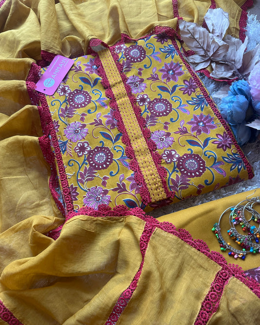 Cotton floral print lace work suit set