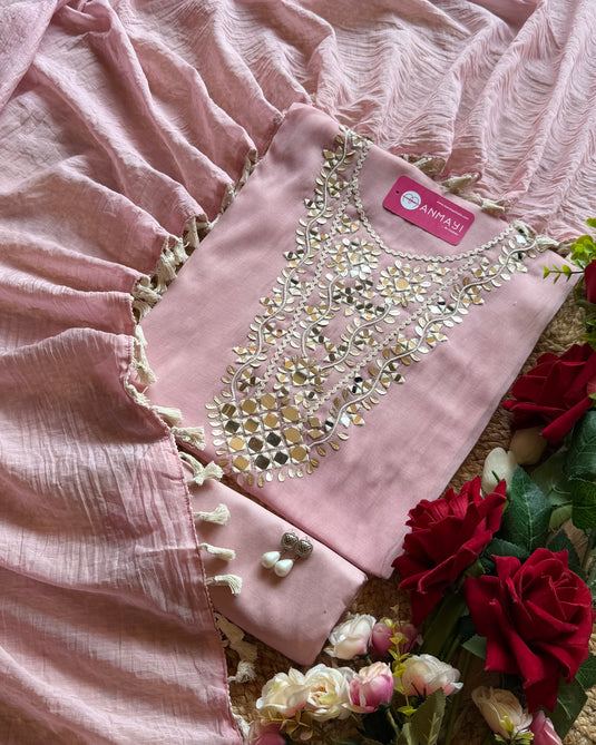 Gotta work Mul Chanderi suit set with mirror work and cotton tassels