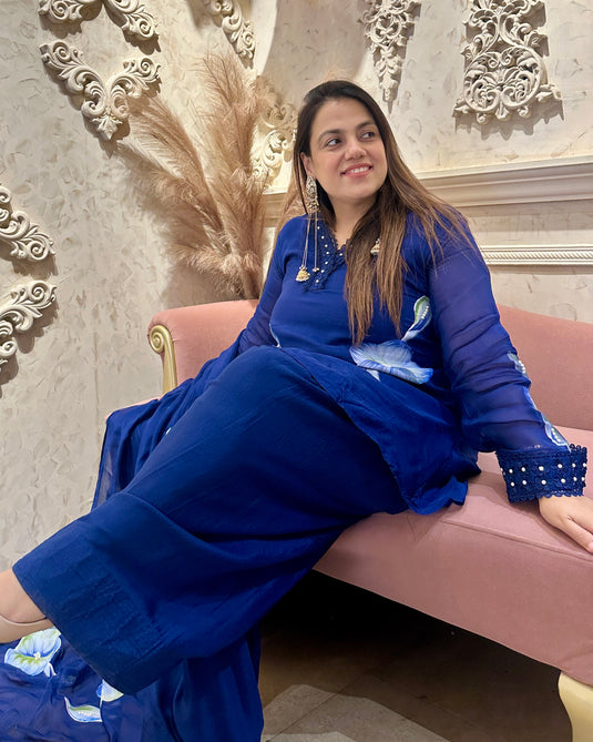 Handpainted organza suit set with farshi salwar