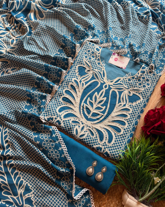 Jungle flower pearl detailed pure muslin suit set
