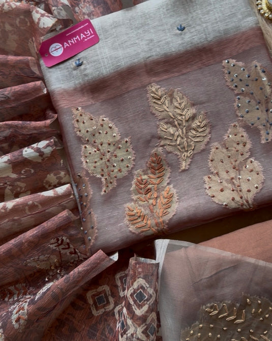 Jamdani silk suit set with organza patch and French knots neck