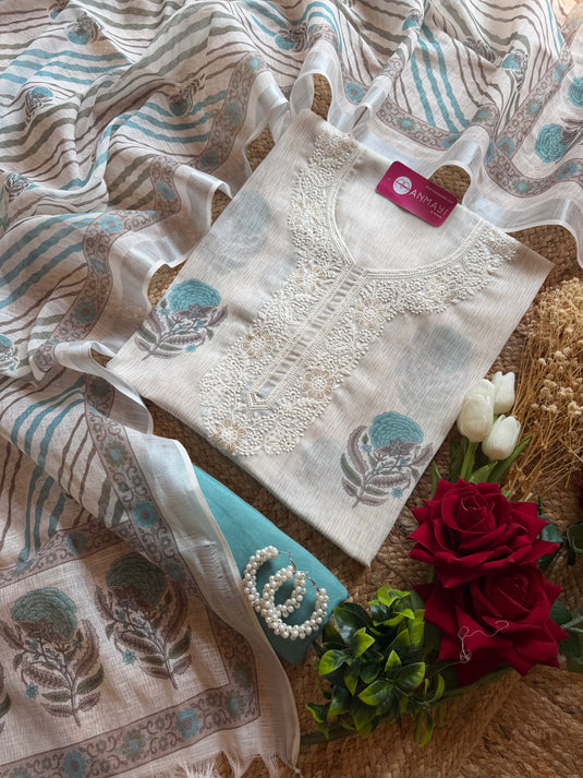 Block print ivory linen suit set