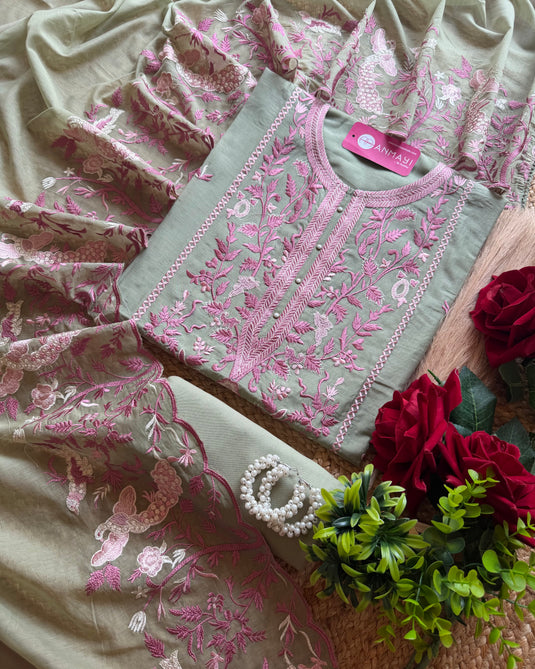 Mul Chanderi Parsi panel pastel work suit set