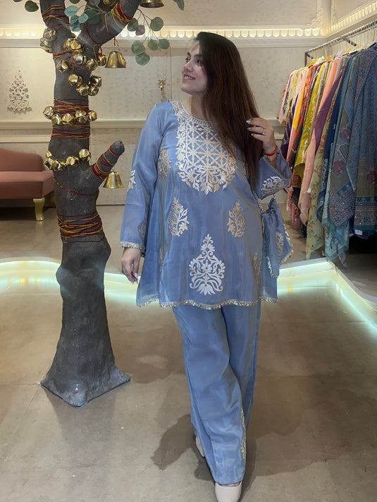 Shimmer organza indo western coord set with sharara pants and potli