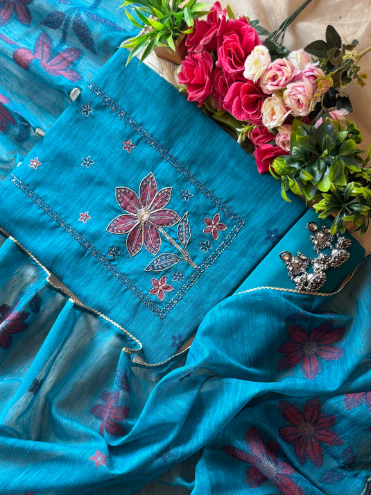 Turquoise blue red flower Jamdani suit set
