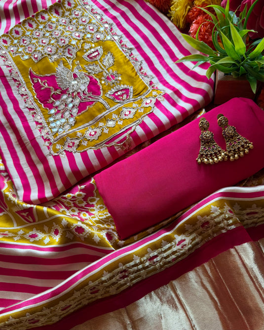 Stripes pink yellow bird motif pure Gajji silk suit set