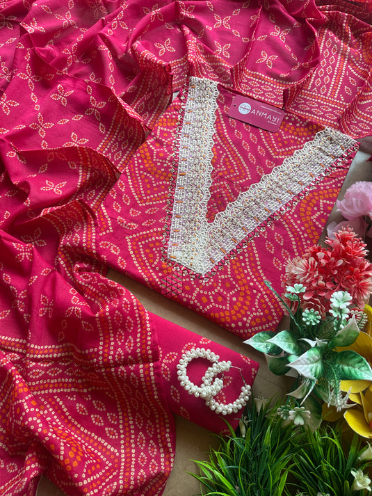 Pure cotton Bandhani v neck suit set