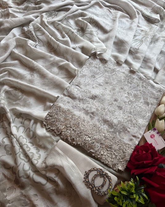 Digital fine muslin organza work border suit set