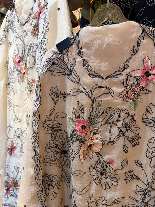 Organza Pakistani suit set with machine embroidered work and shimmer effect
