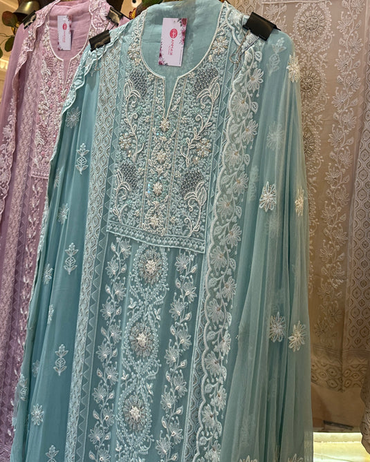 Embellished pearl chiknakari pure georgette suit set