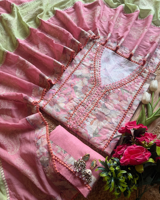 Floral premium cotton mirror work Pakistani suit set