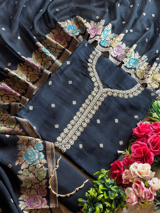 Handloom silk gold coloured flower patterns suit set