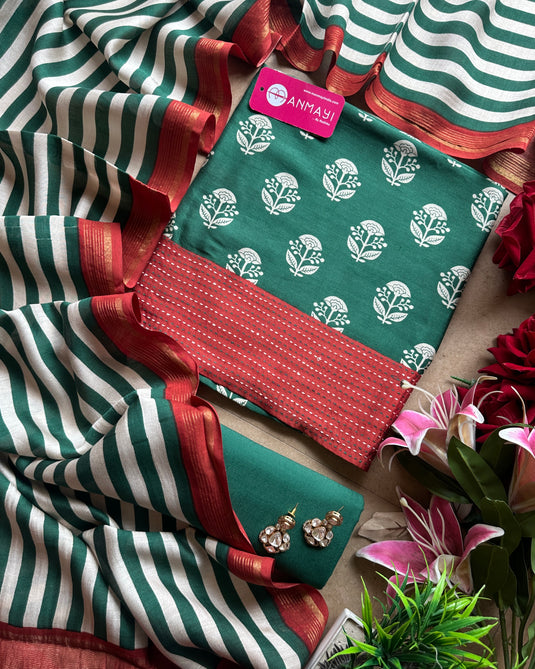Pure Modals block print suit set with stripes dupatta and cotton bottom
