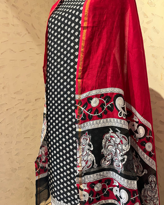 Pure Maheshwari red black combination suit set