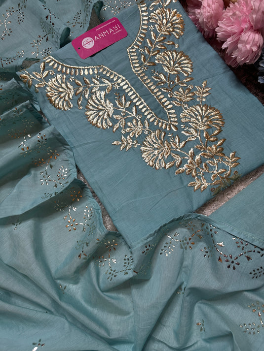 Pita work festive shade suit set with Mukaish dupatta