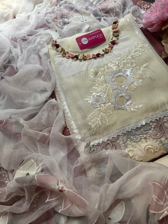 Ivory hand embroidered neck with crochet details organza suit